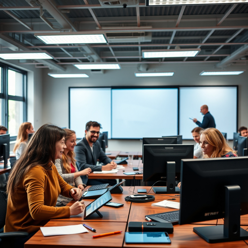 mensen in leslokaal met computers