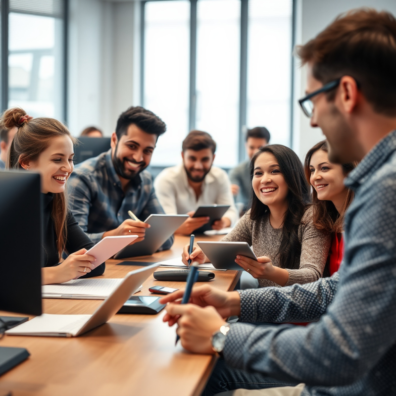 groep collega's in vergadering met tablets